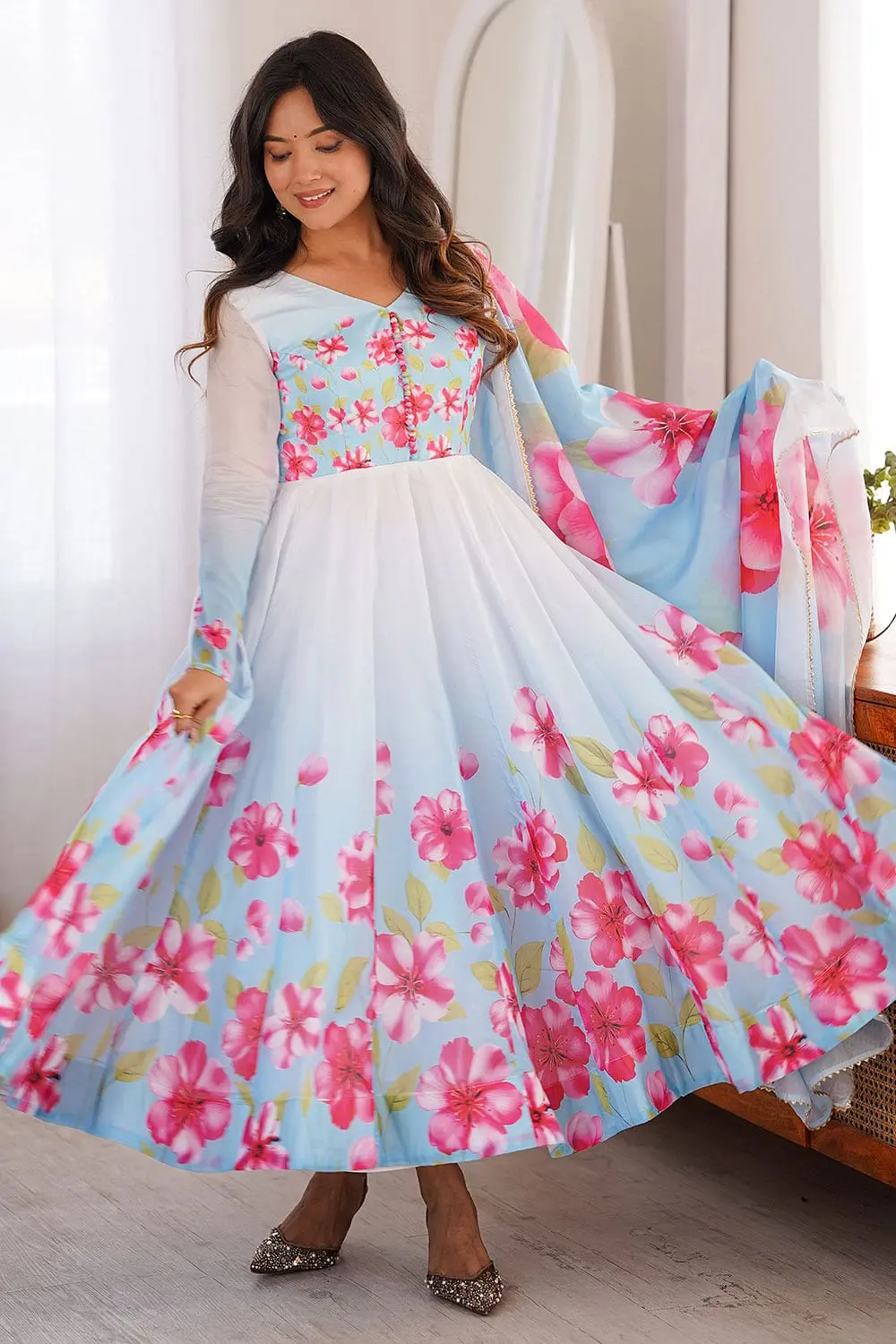 Light blue floral anarkali set third front angle showing organza fabric sheen and floral print