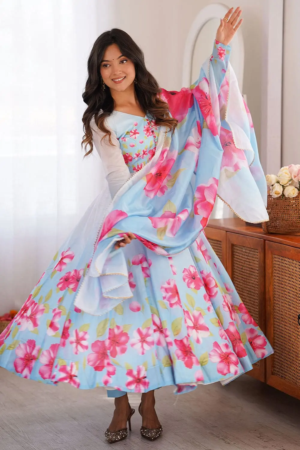 Light blue organza silk floral anarkali set second front view showing full anarkali length