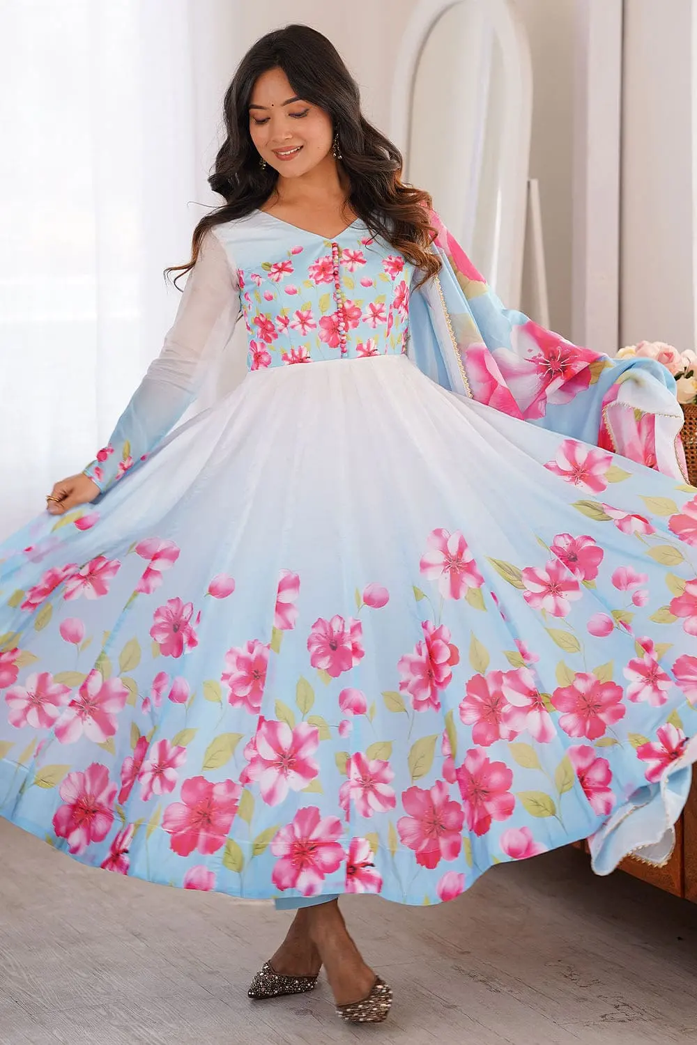 Light Blue Pure Soft Organza Silk Floral Print Anarkali Set with Gota Patti Dupatta and Micro Cotton Pant Light Blue Pure Soft Organza Silk Floral Print Anarkali Set with Gota Patti Dupatta and Micro Cotton Pant