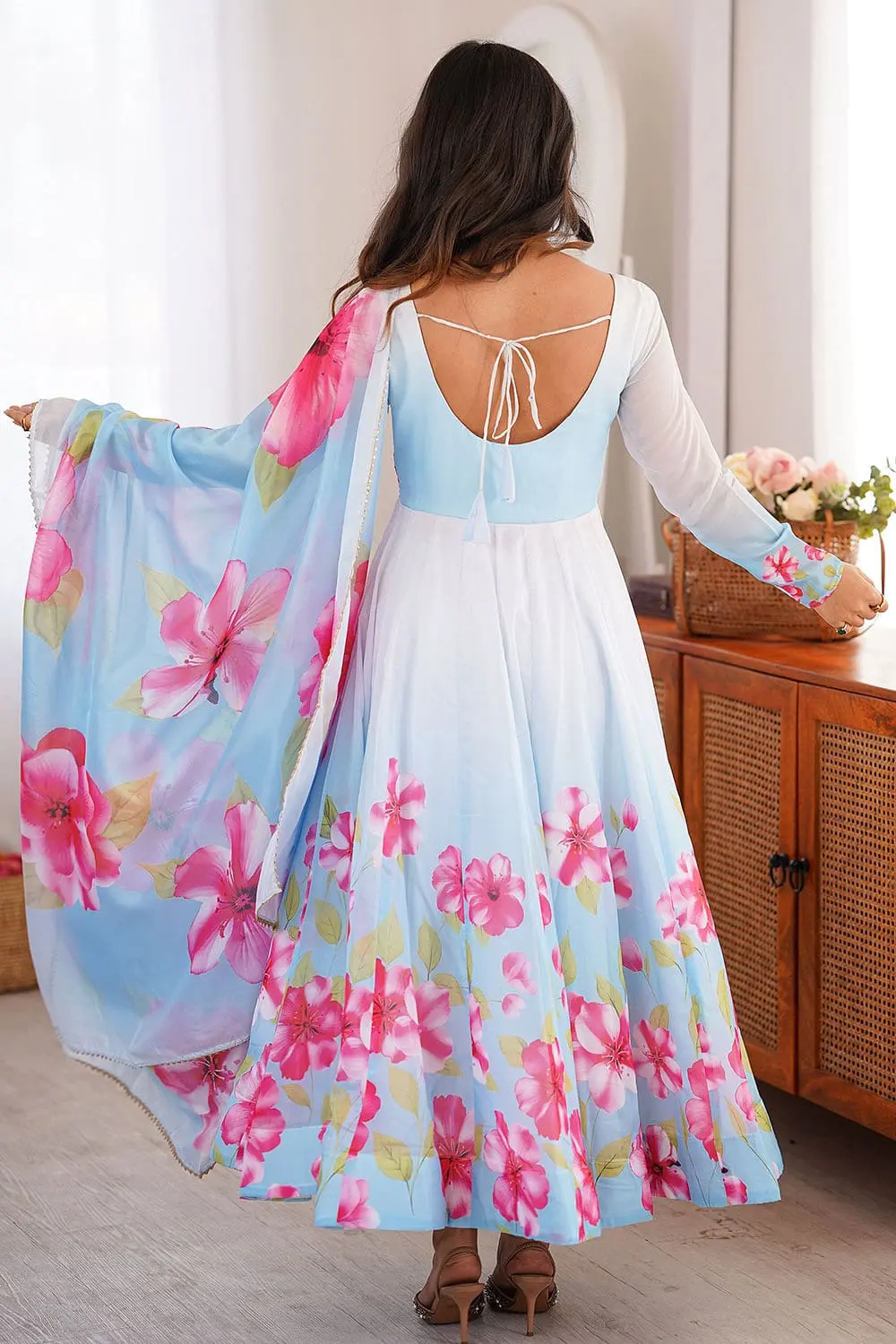 Back view of light blue pure organza silk floral anarkali set with dupatta fall
