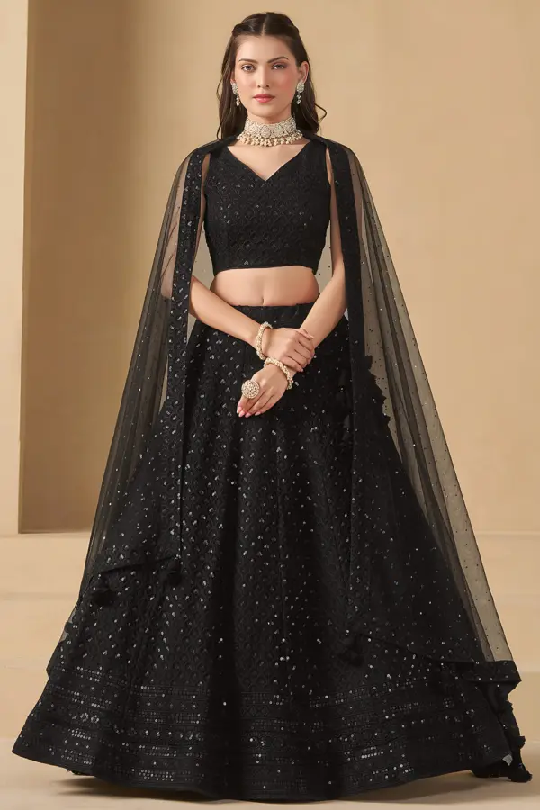 Black georgette lehenga for party with sequins and thread embroidery by Khaish