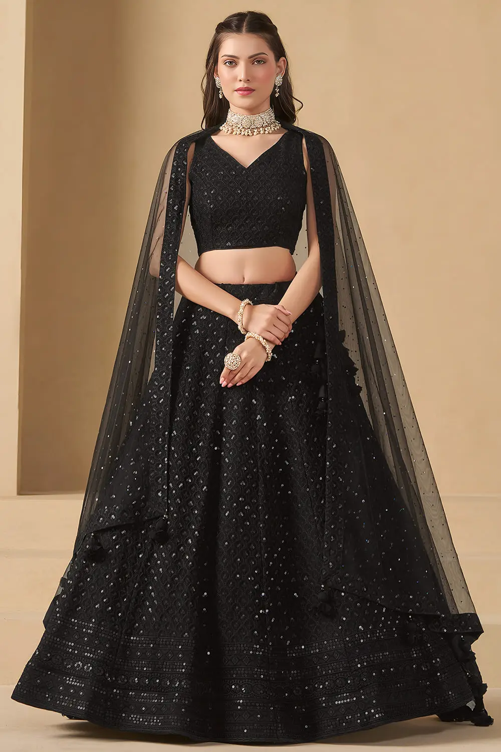 Black Georgette Lehenga Set with Sequins, Thread Embroidery and Soft Net Dupatta Black Georgette Lehenga Set with Sequins, Thread Embroidery and Soft Net Dupatta