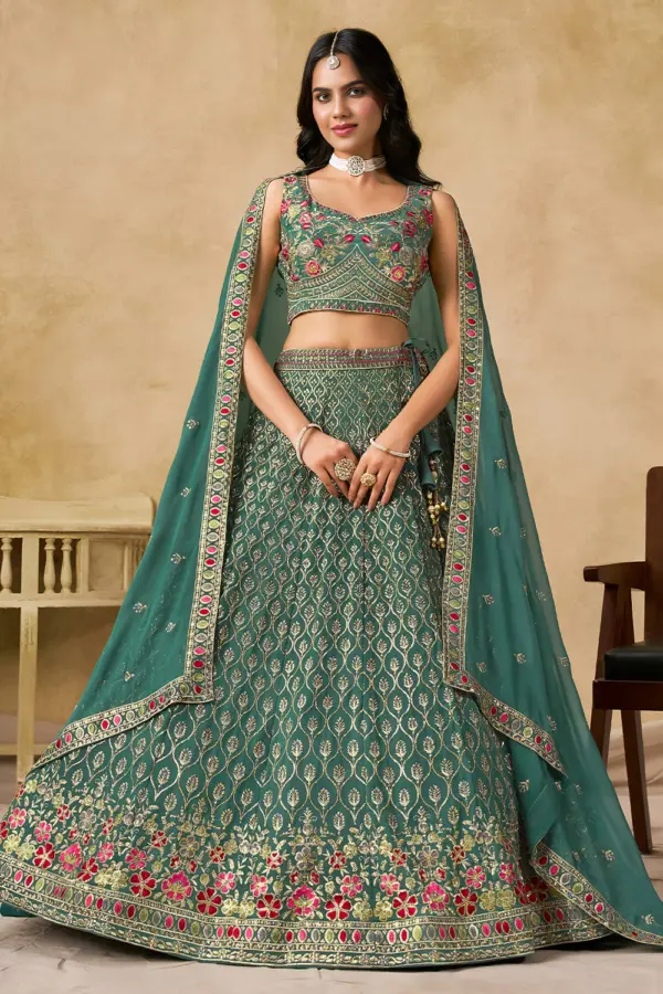 Blue georgette lehenga for wedding with sequins and thread embroidery by Khaish