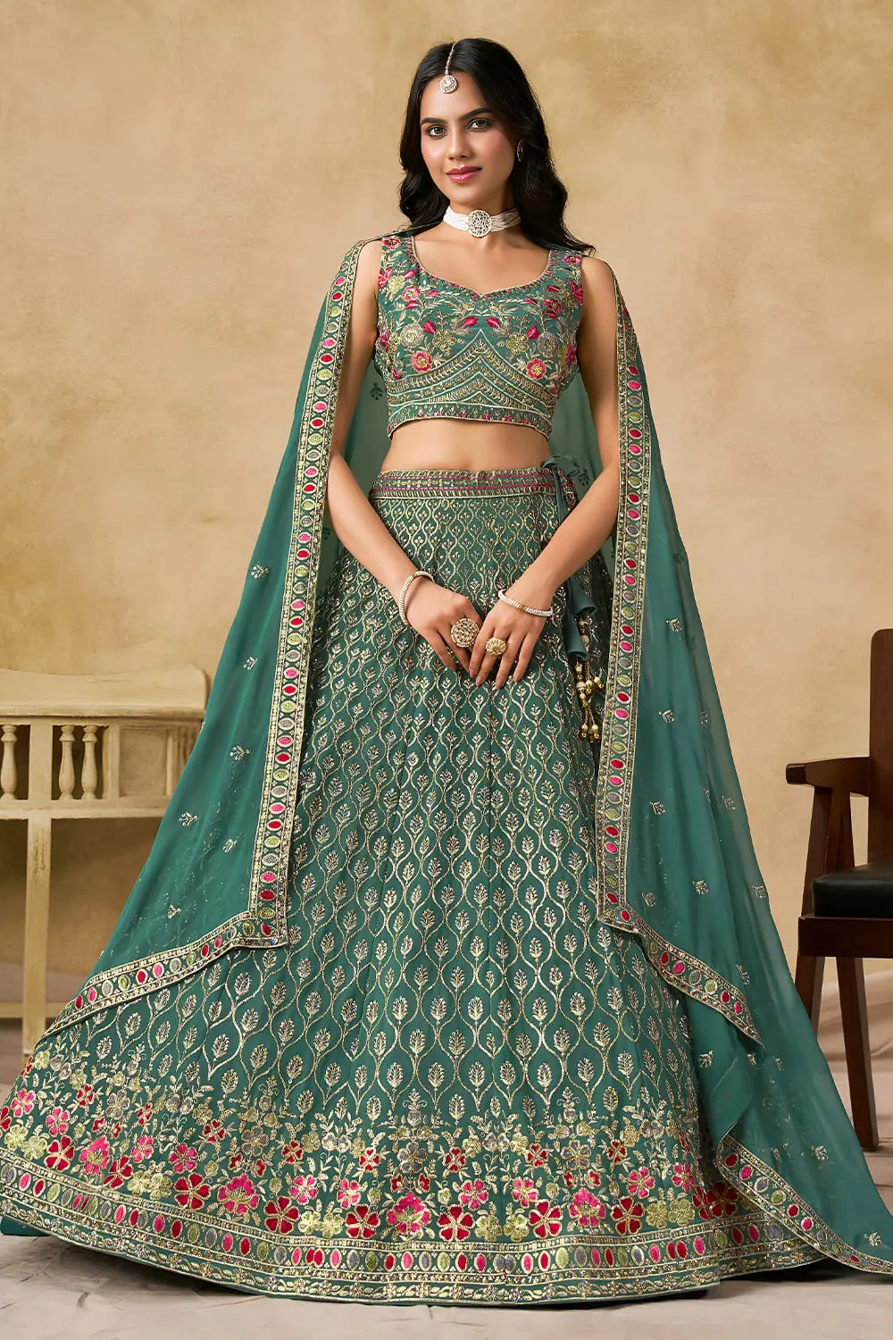 Blue Georgette Lehenga Set with Sequins, Thread Embroidery and Georgette Dupatta Blue Georgette Lehenga Set with Sequins, Thread Embroidery and Georgette Dupatta