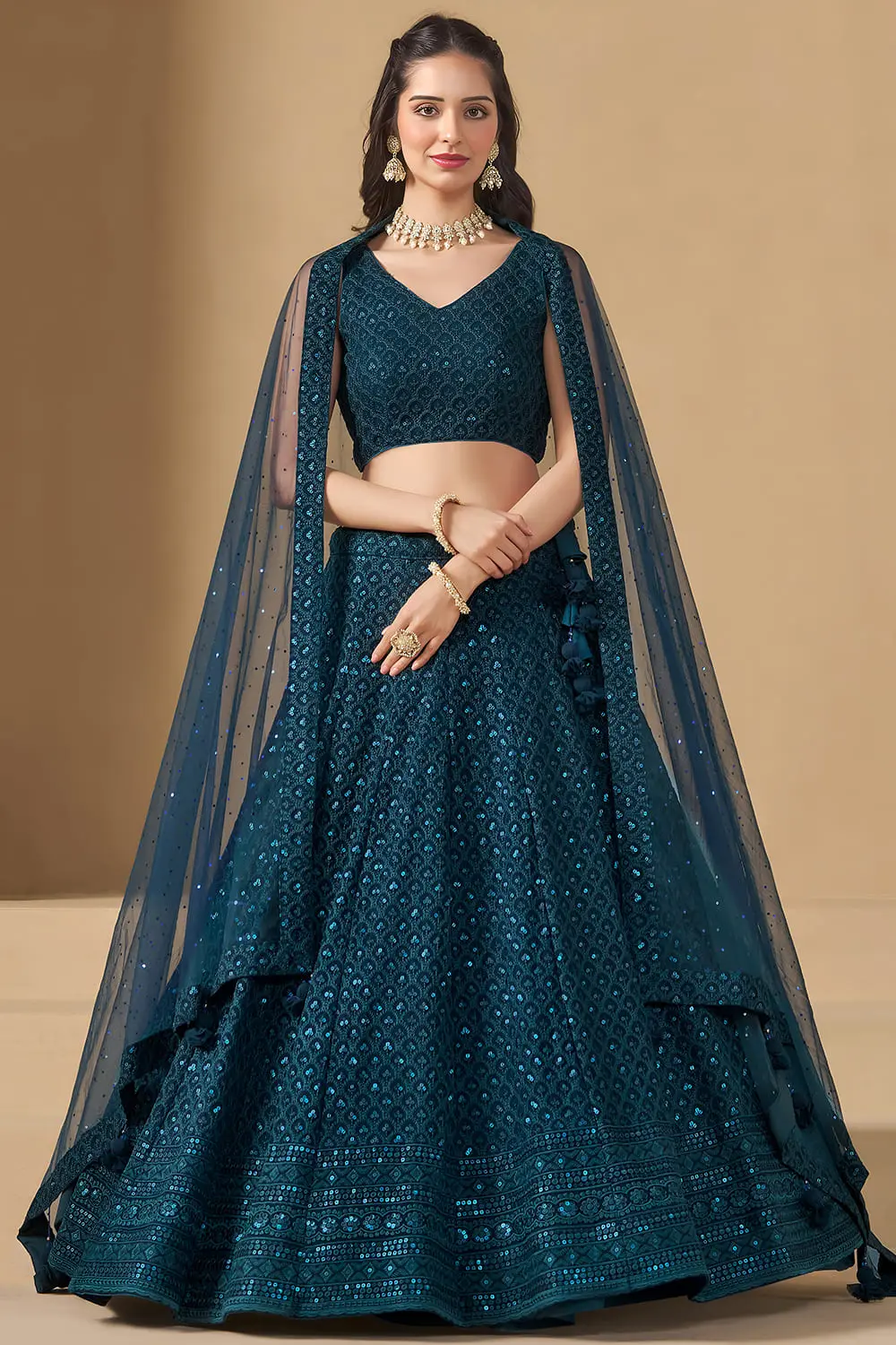 Beautiful blue georgette lehenga for wedding with intricate sequin work