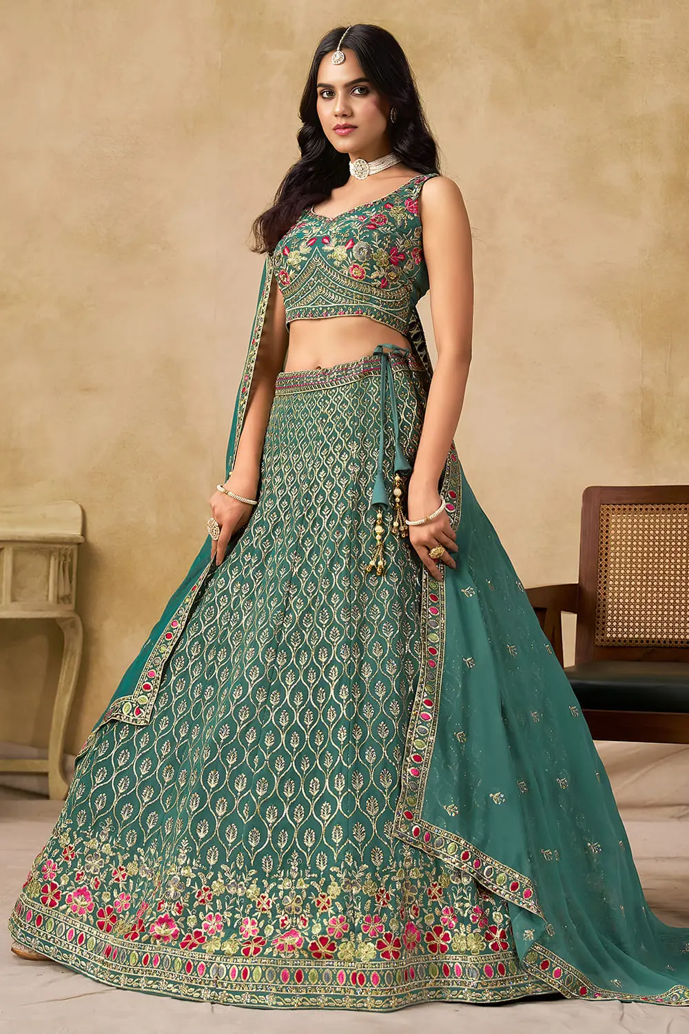 Bottom flare and embroidery design of blue georgette lehenga
