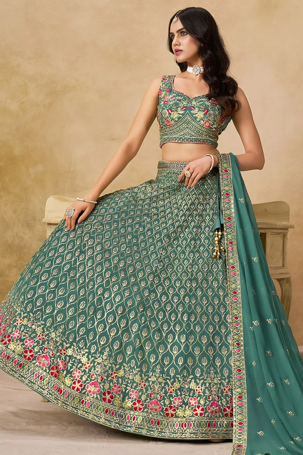 Blue sequin georgette lehenga set with matching dupatta full view