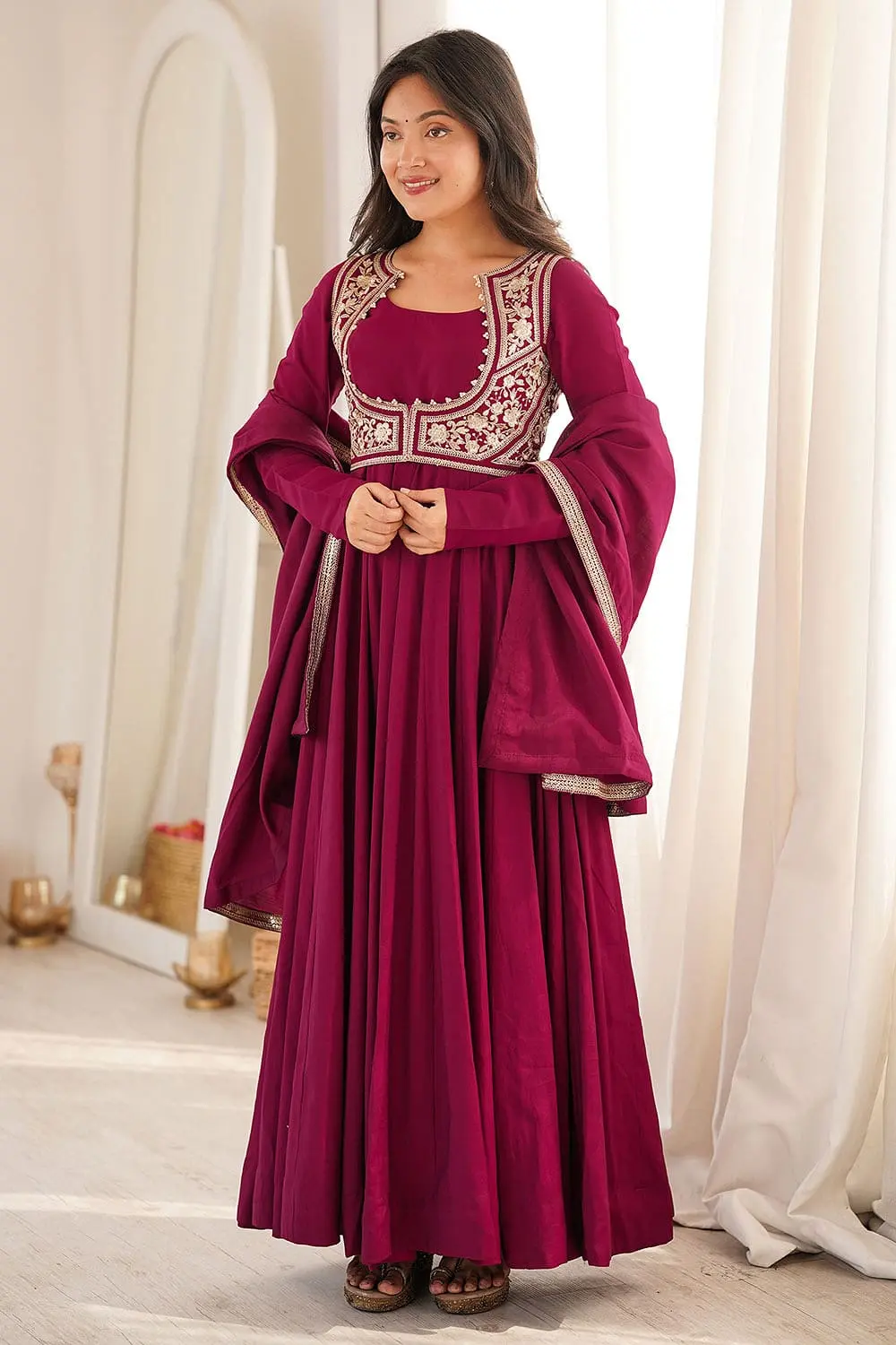 Breathtaking Rani Pink Floral Anarkali Suit with Fancy Jacket Breathtaking Rani Pink Floral Anarkali Suit with Fancy Jacket