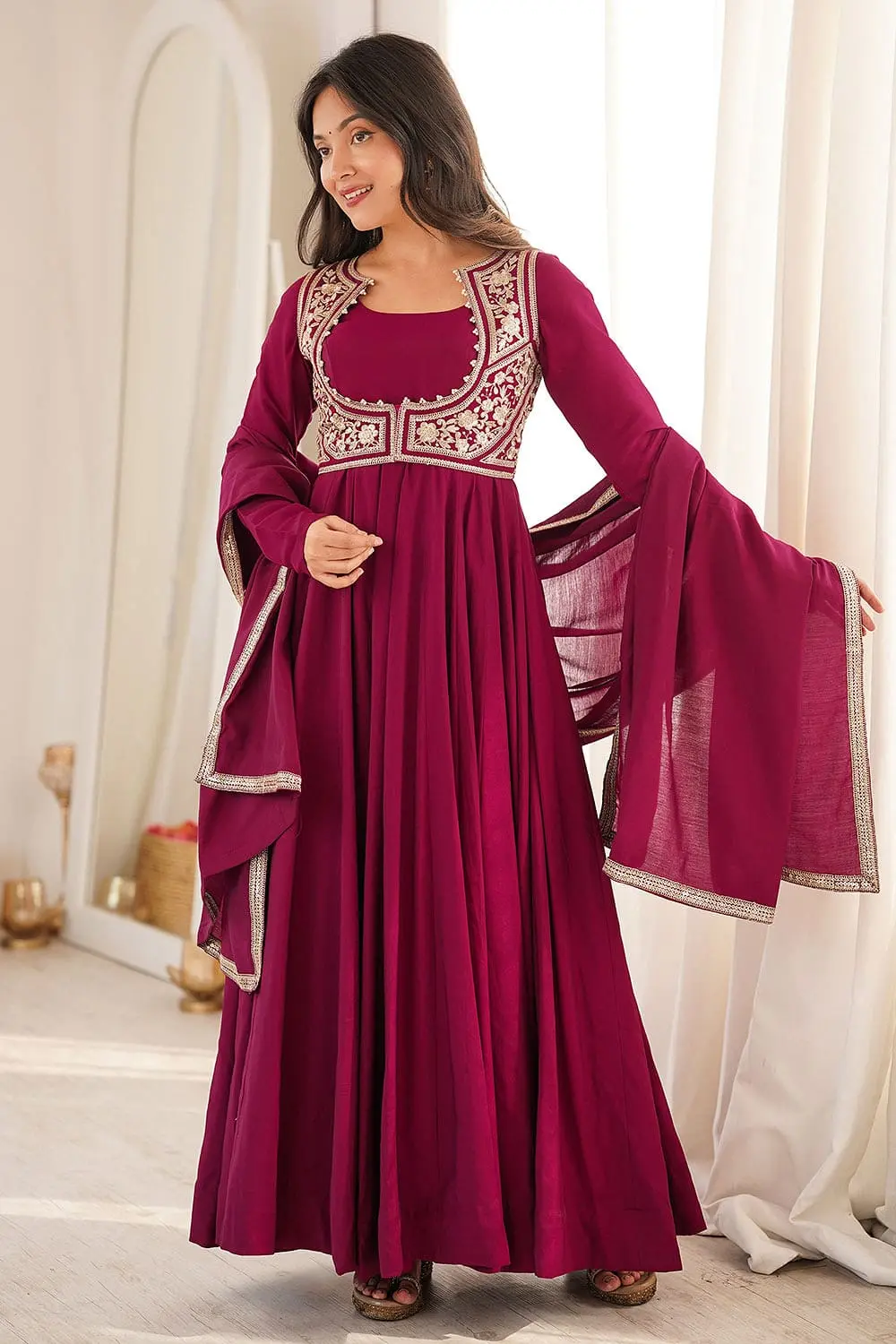 Front view of Khaish Rani pink Anarkali dress with matching pants