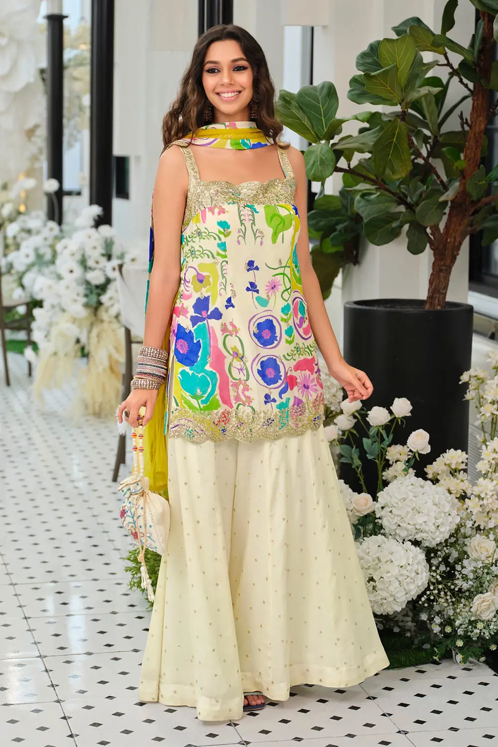 Multi color printed kurta palazzo set with diamond work net dupatta full view