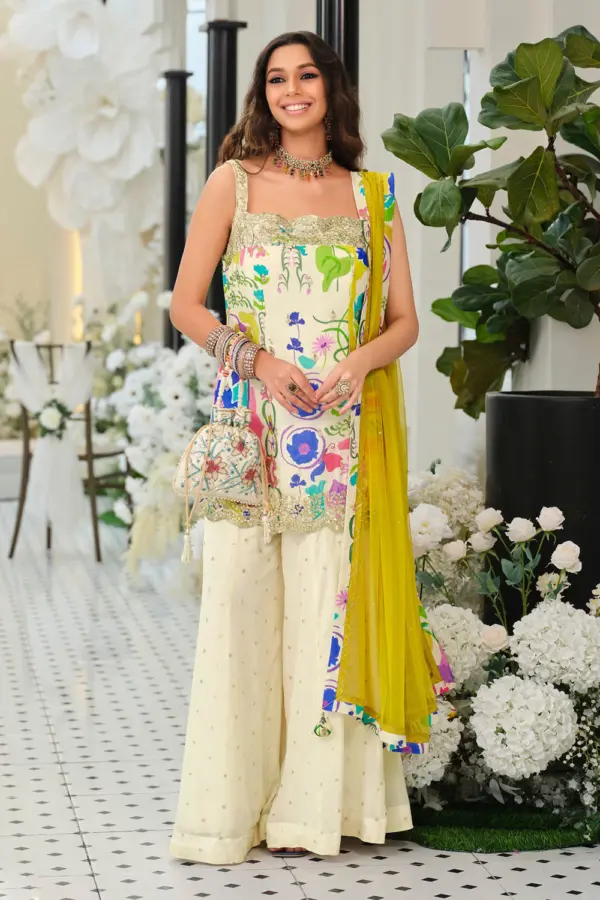 Multi color kurta palazzo set in heavy chinon with digital print by Khaish