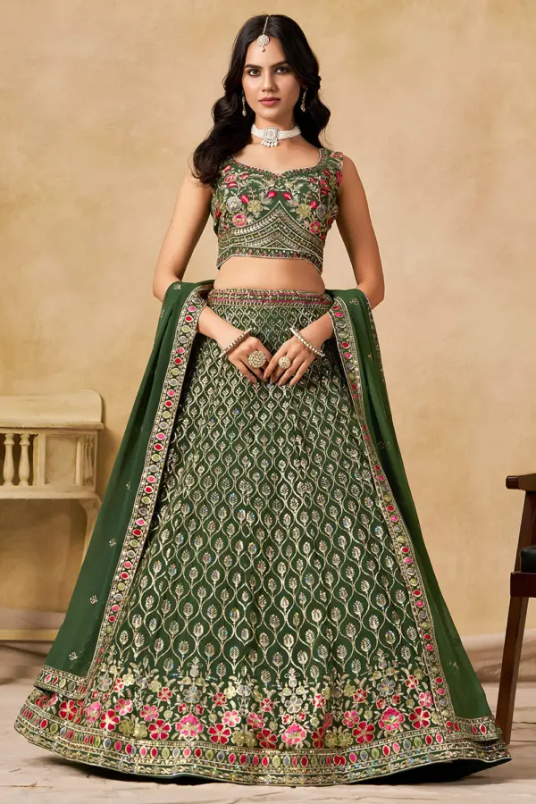 Green georgette lehenga for party with sequins and thread embroidery by Khaish