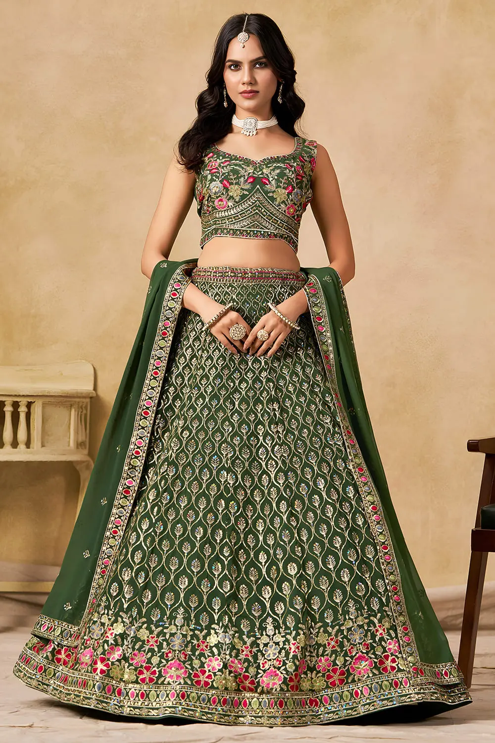 Green Georgette Lehenga Set with Sequins, Thread Embroidery and Georgette Dupatta Green Georgette Lehenga Set with Sequins, Thread Embroidery and Georgette Dupatta