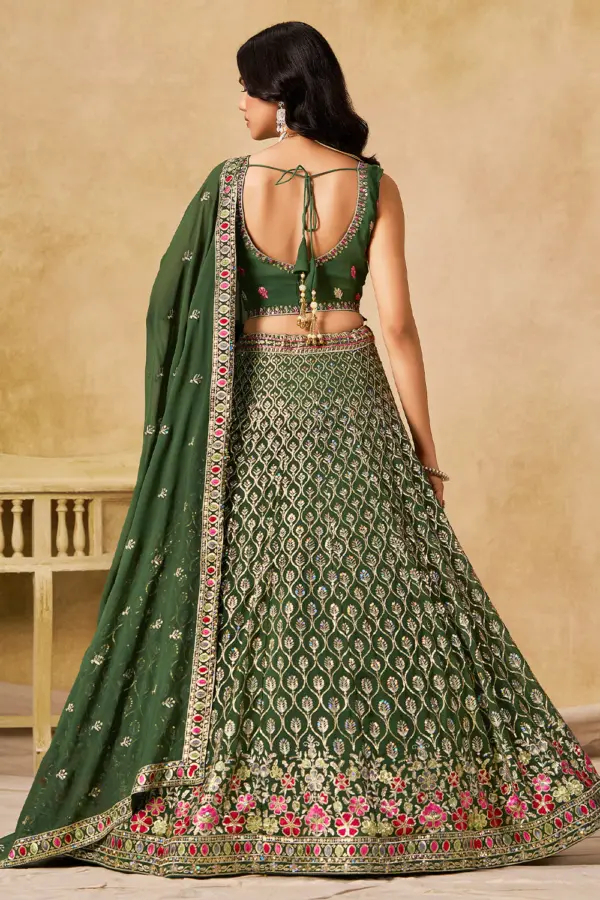 Back view of green sequin georgette lehenga set