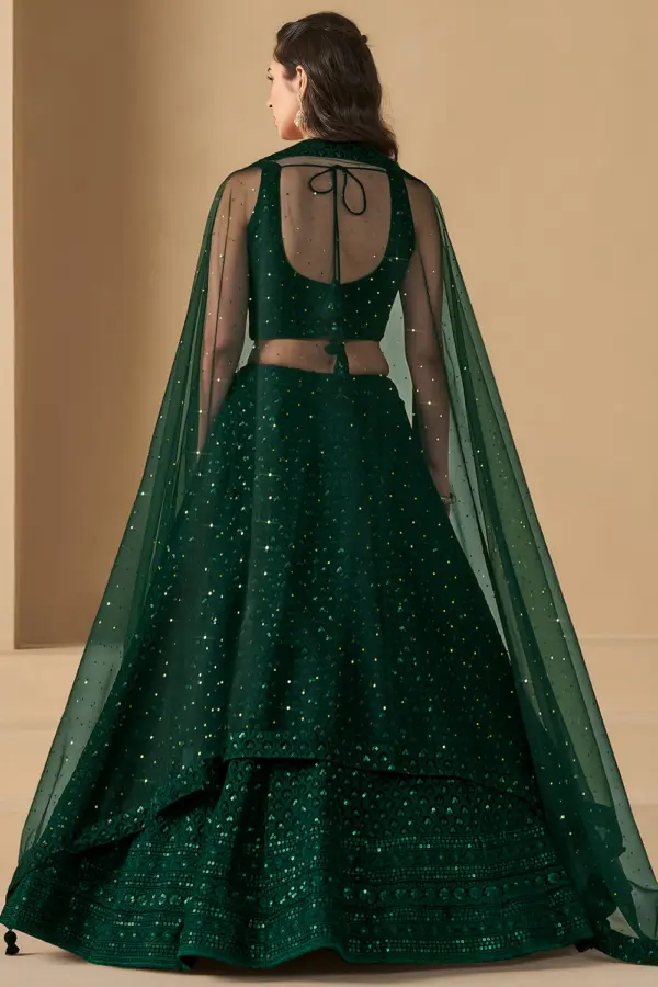 Elegant back neckline design of the green indian wedding guest outfit