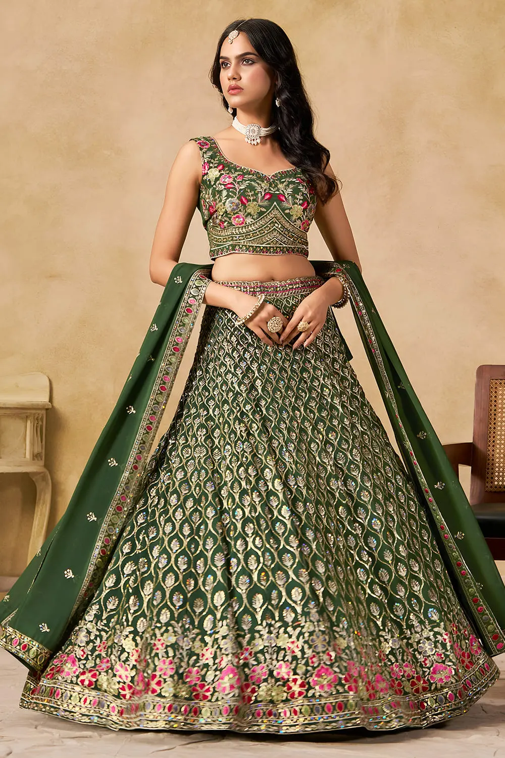 Green sequin georgette lehenga set with matching dupatta full view