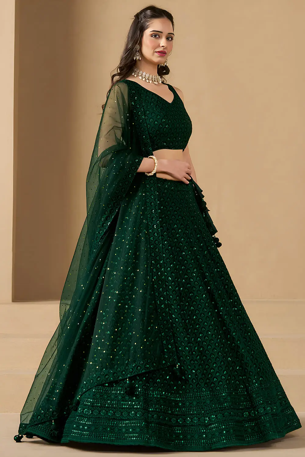 Left angle twirl showcasing the premium georgette skirt and soft net dupatta