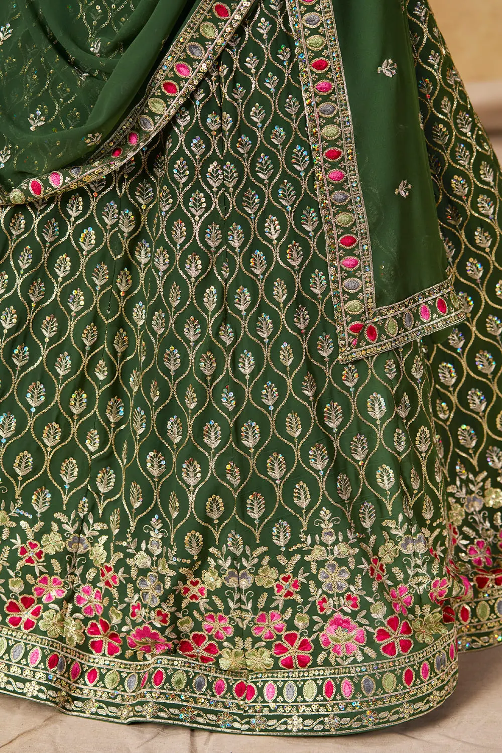 Bottom flare and embroidery design of green georgette lehenga