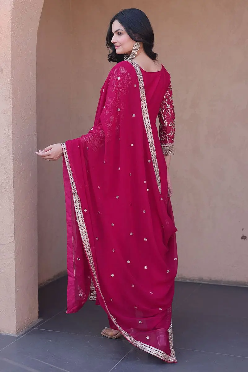 Back view of the flowing pink Anarkali gown showing dupatta drape