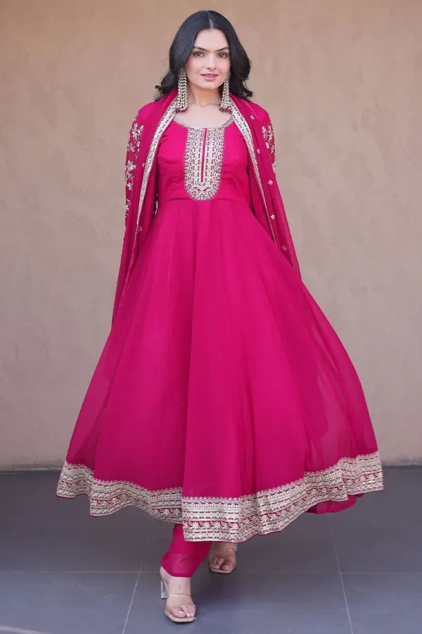 Pink Zari Embroidered Anarkali Set