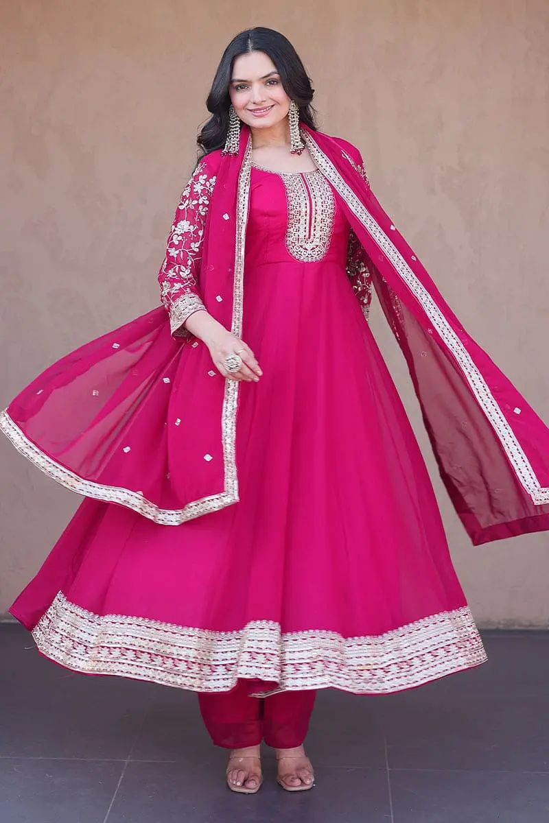 Front view of gorgeous pink faux blooming ethnic gown