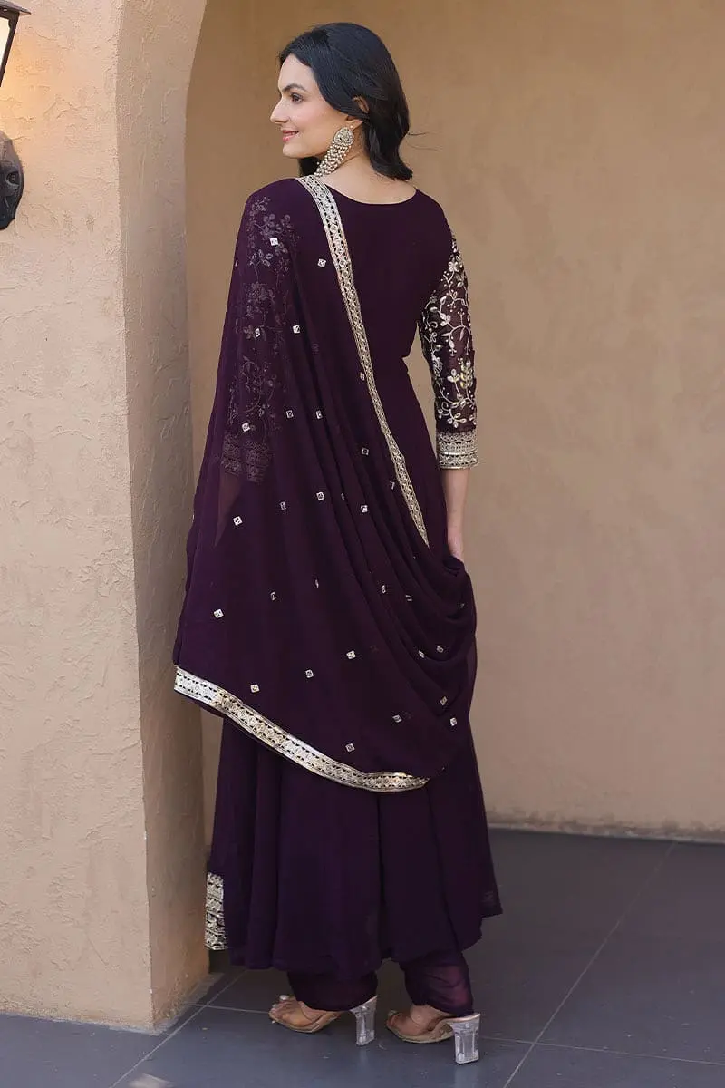 Back view of the deep purple embroidered anarkali outfit