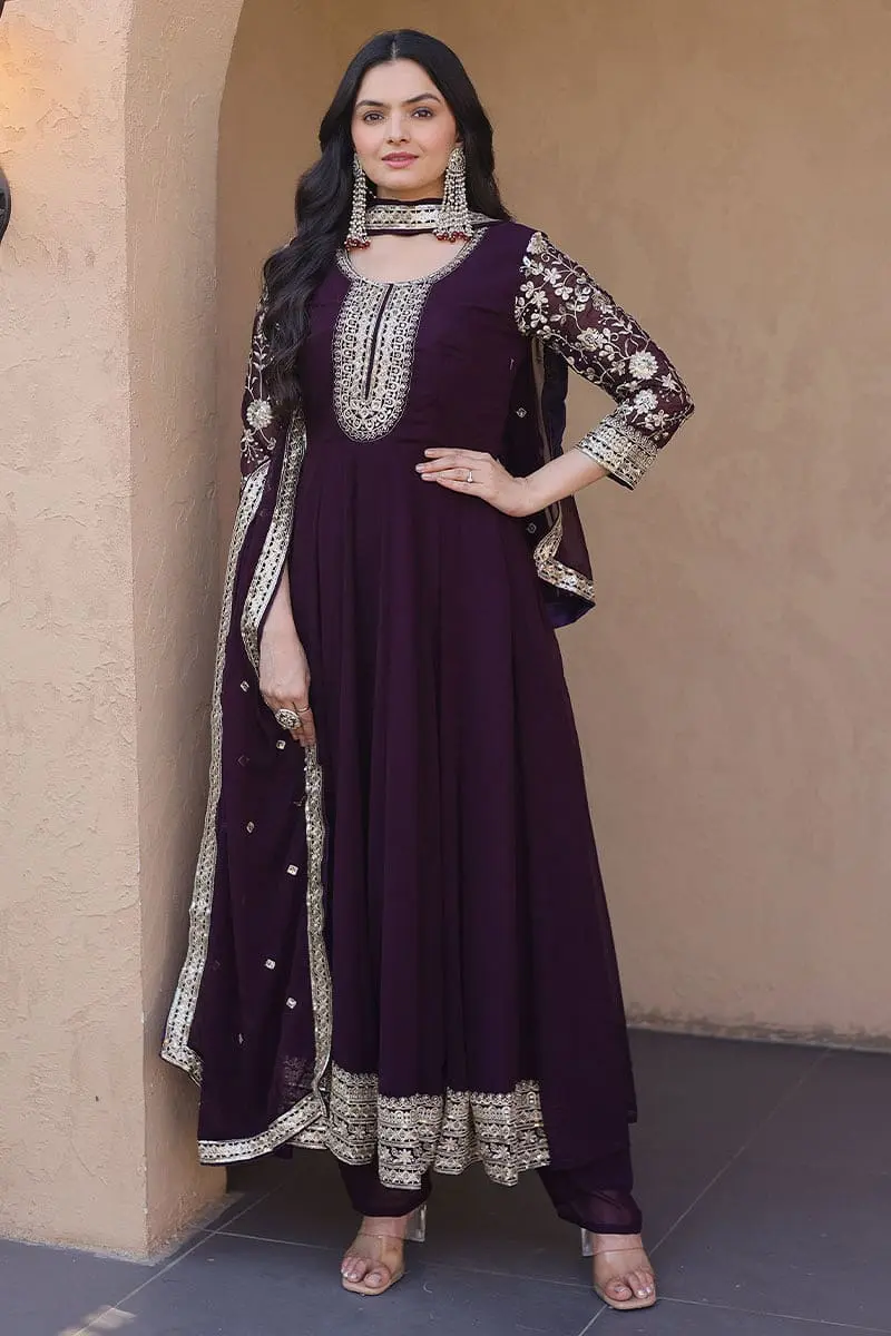 Elegant deep purple indian party wear outfit front profile