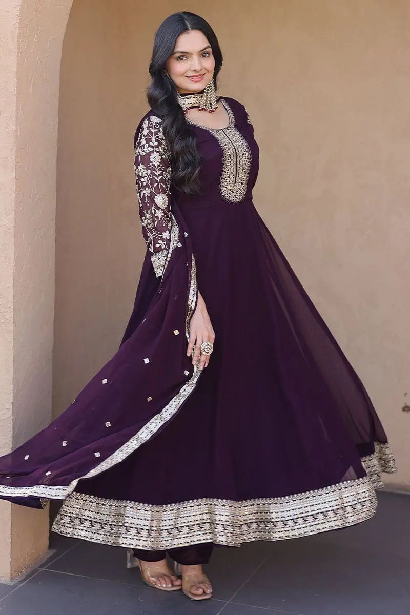 Beautiful deep purple anarkali suit matching bottom and dupatta