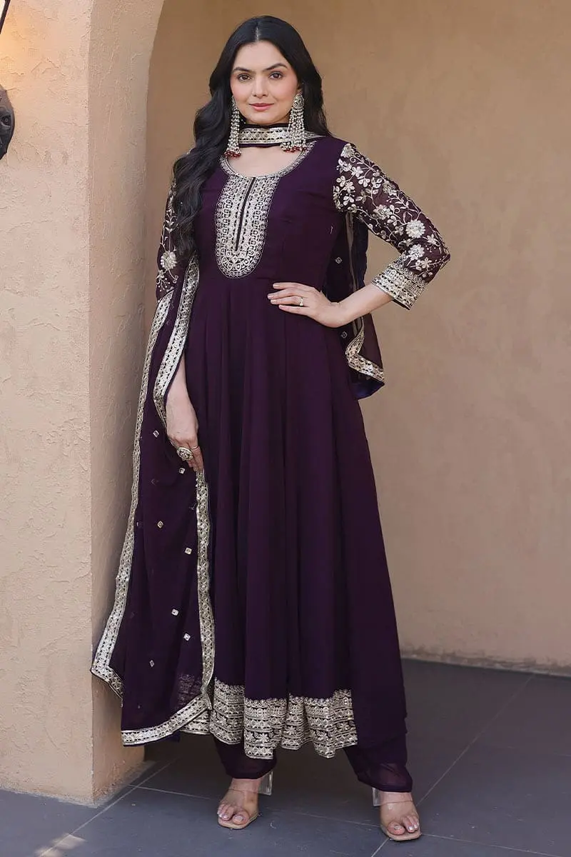 Khaish designer deep purple anarkali dress complete look