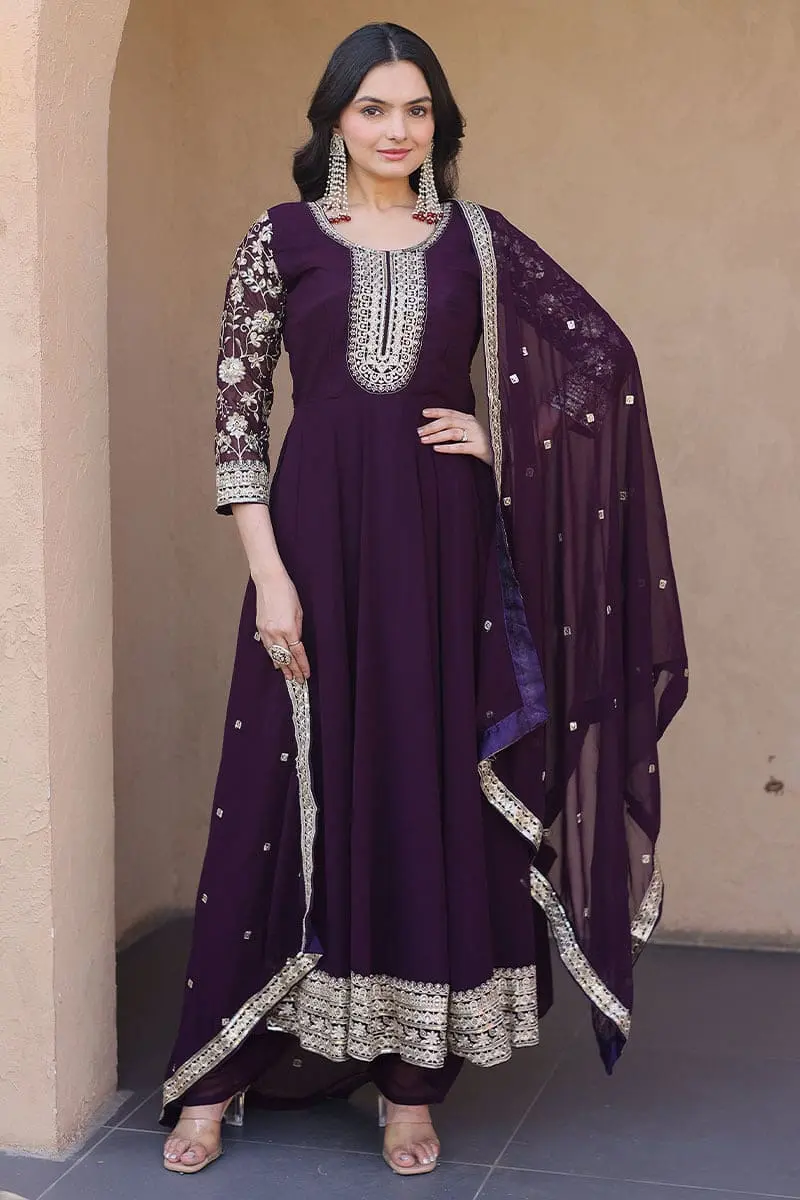 Stunning Deep Purple Faux Blooming Anarkali Set with Sequins Dupatta Stunning Deep Purple Faux Blooming Anarkali Set with Sequins Dupatta