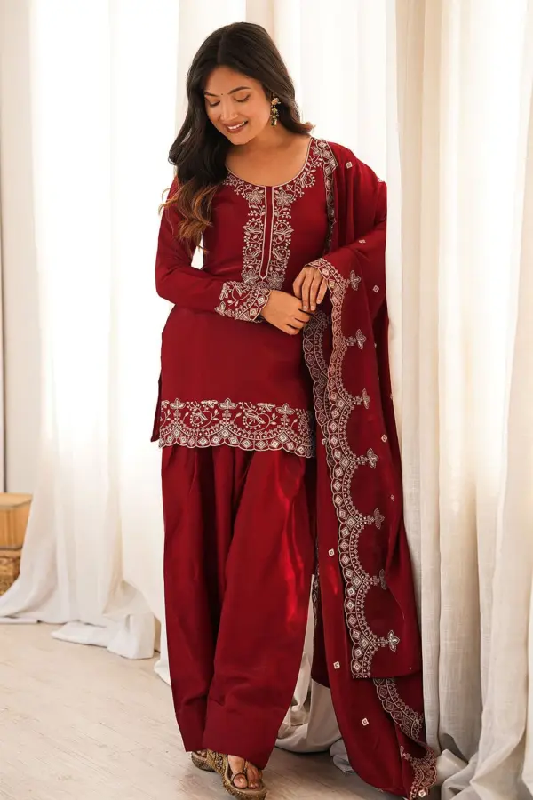 maroon designer silk kurta set