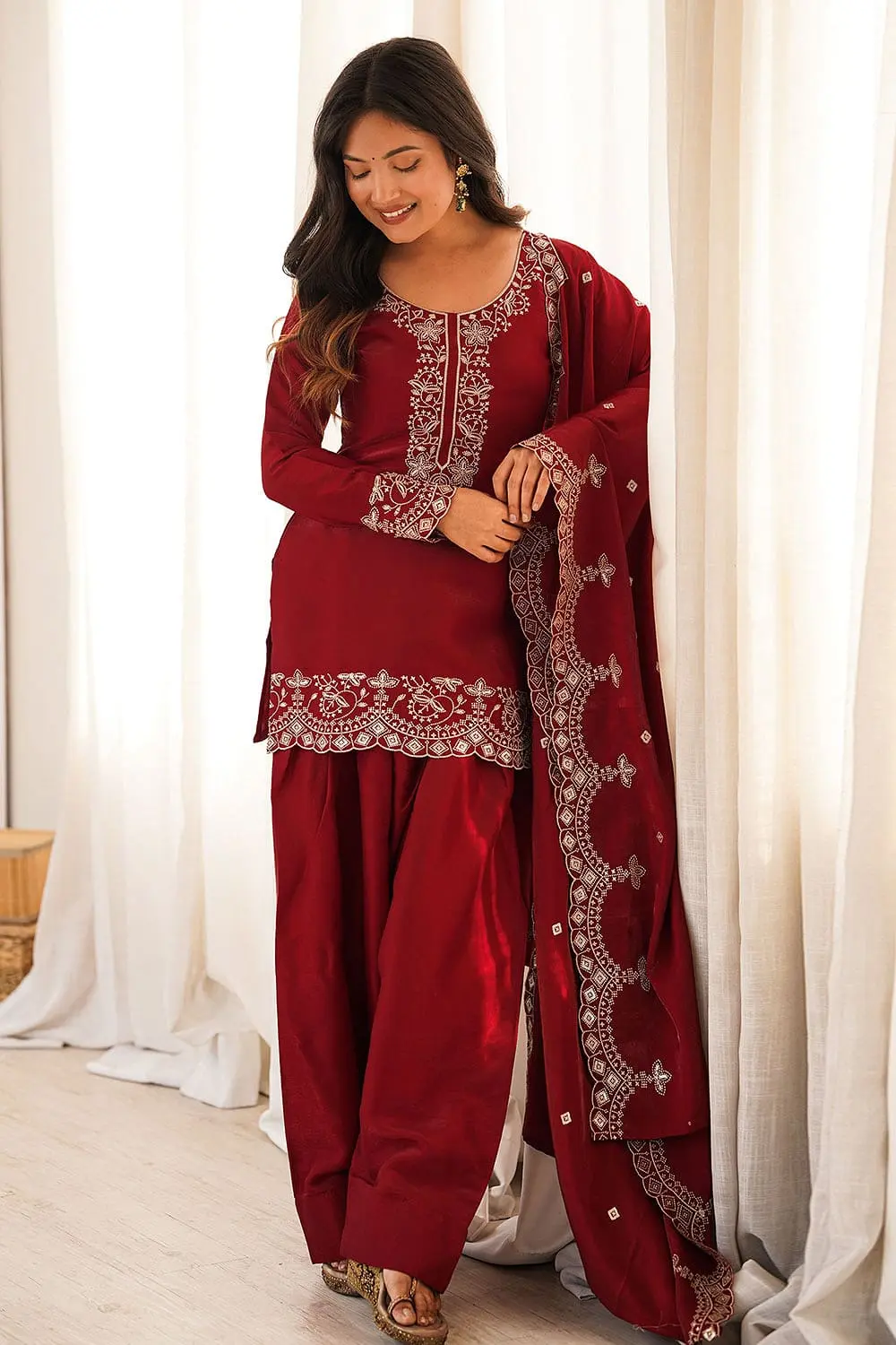 Luxurious Classic Maroon Designer Silk Kurta Set with Heavy Dupatta Luxurious Classic Maroon Designer Silk Kurta Set with Heavy Dupatta