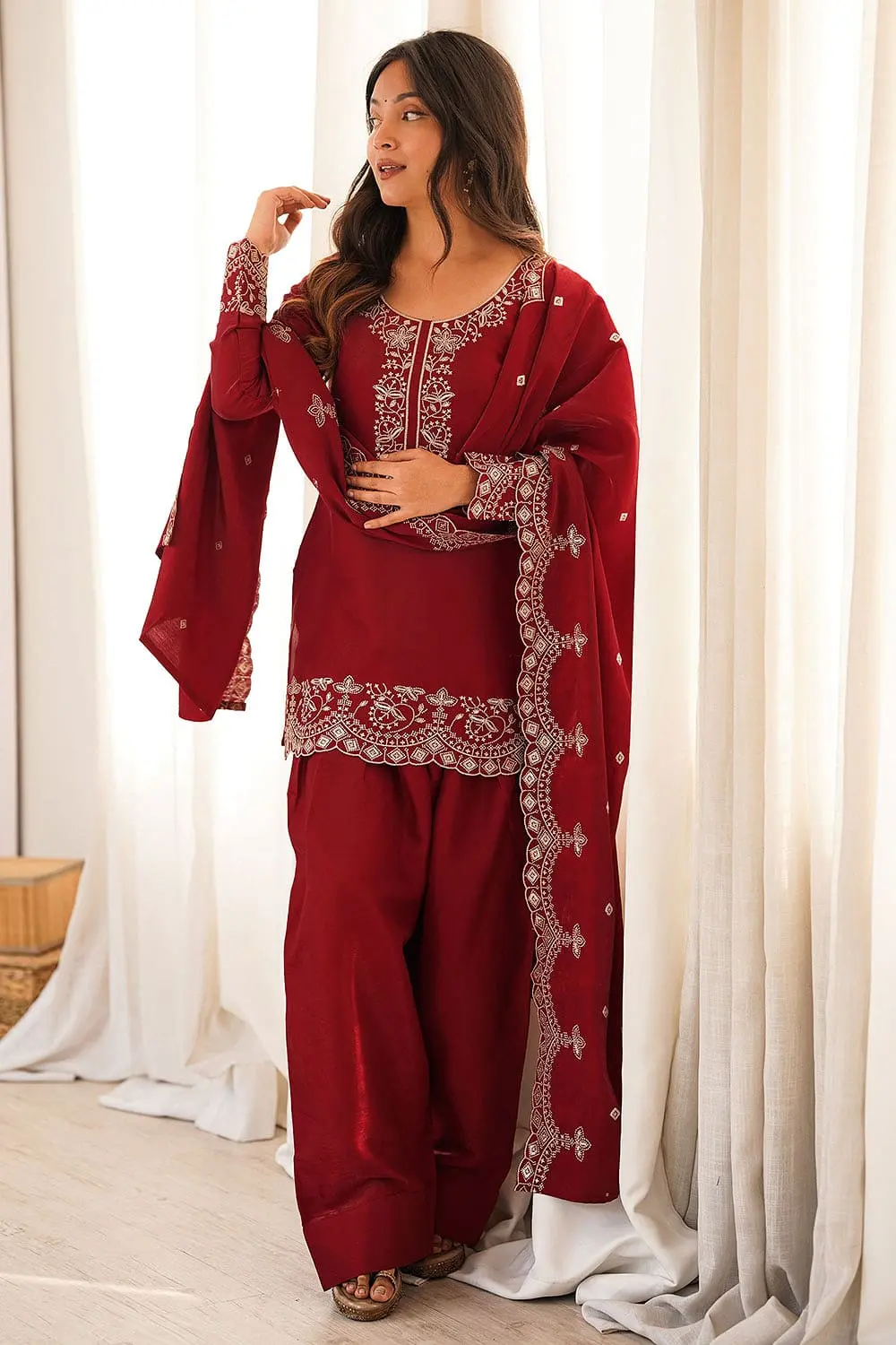 Traditional zari work on maroon designer silk kurta set
