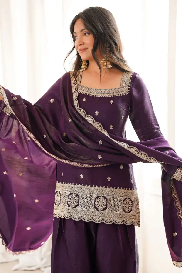Close up zari on deep purple silk salwar kameez