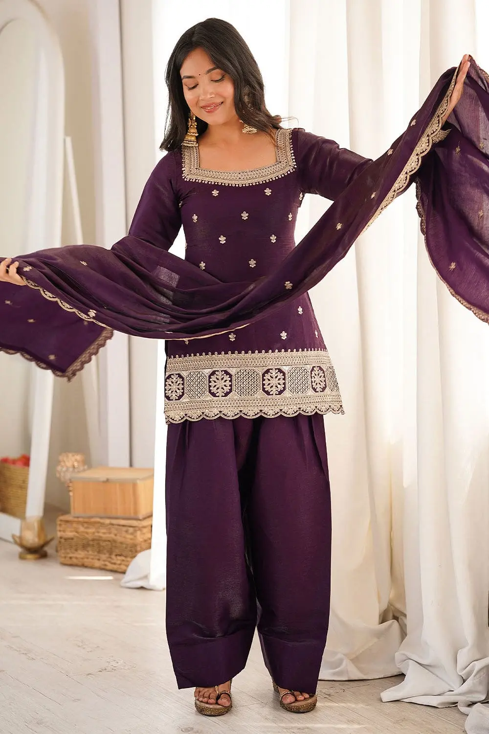 Full length view of deep purple silk salwar kameez