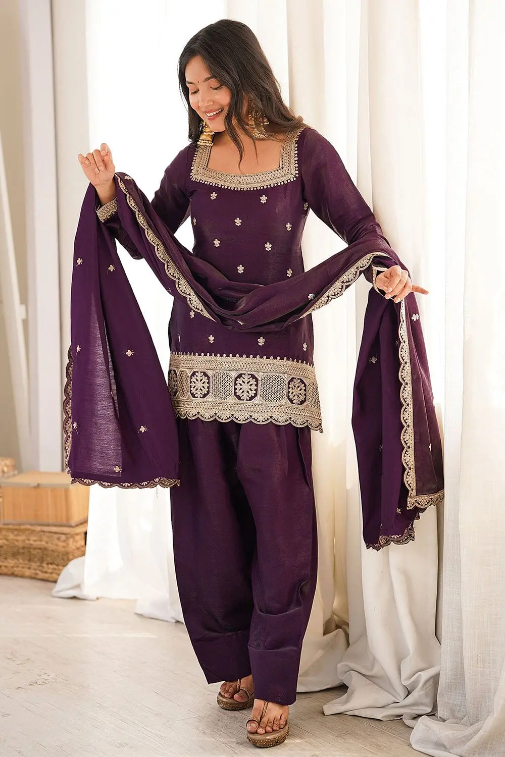 Evening wear deep purple silk salwar kameez