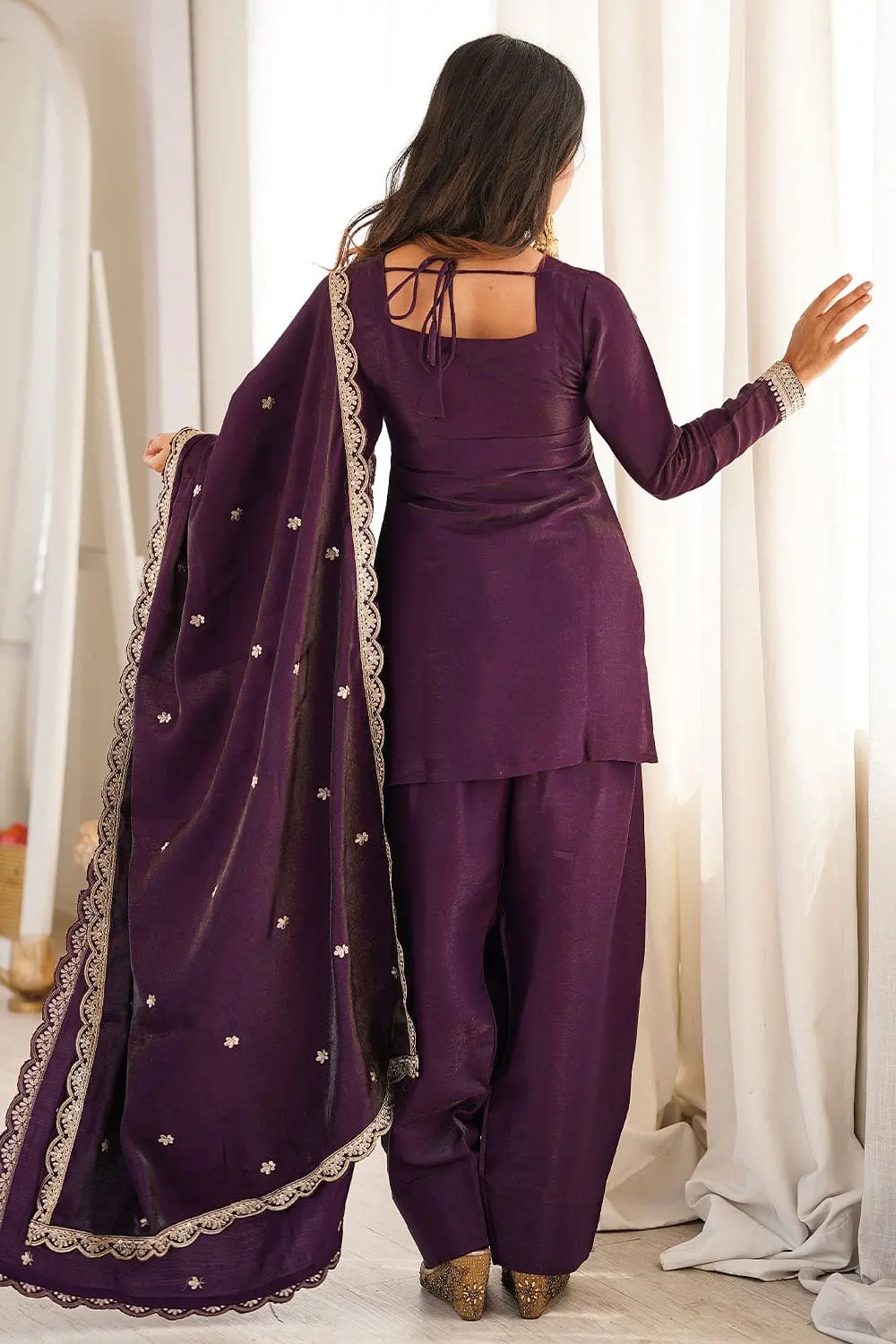 Back side of deep purple silk salwar kameez