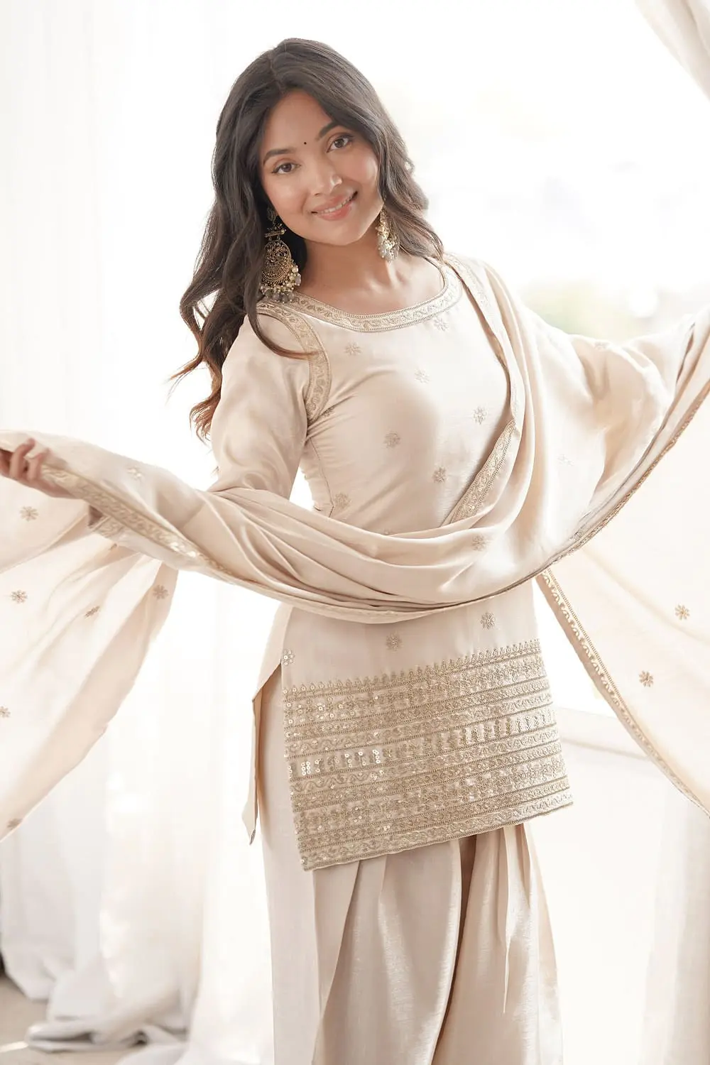 Full length front off white silk salwar suit