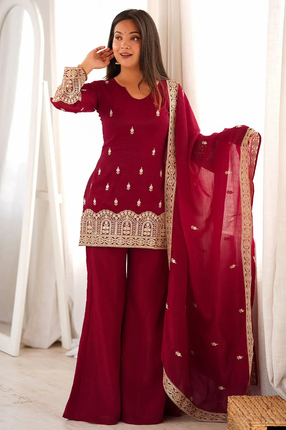 Exquisite Rich Maroon Kurta Set for Wedding with Fancy Lace Dupatta Exquisite Rich Maroon Kurta Set for Wedding with Fancy Lace Dupatta