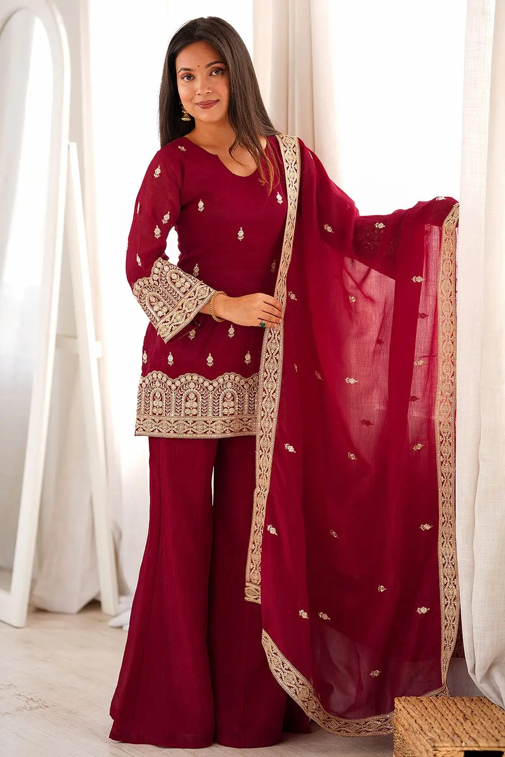 Full front look of maroon sharara set for wedding