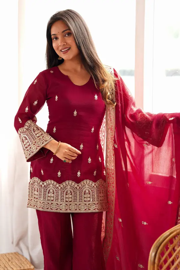 Close up neckline of maroon sharara set for wedding