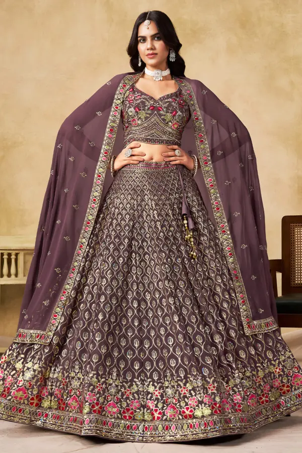 Purple georgette lehenga for sangeet with sequins and thread embroidery by Khaish