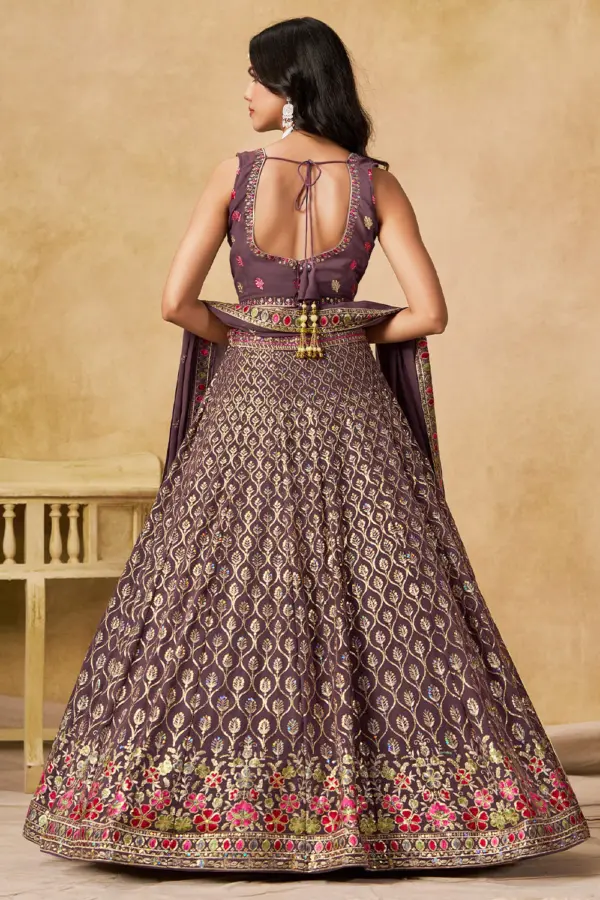 Back view of purple sequin georgette lehenga set