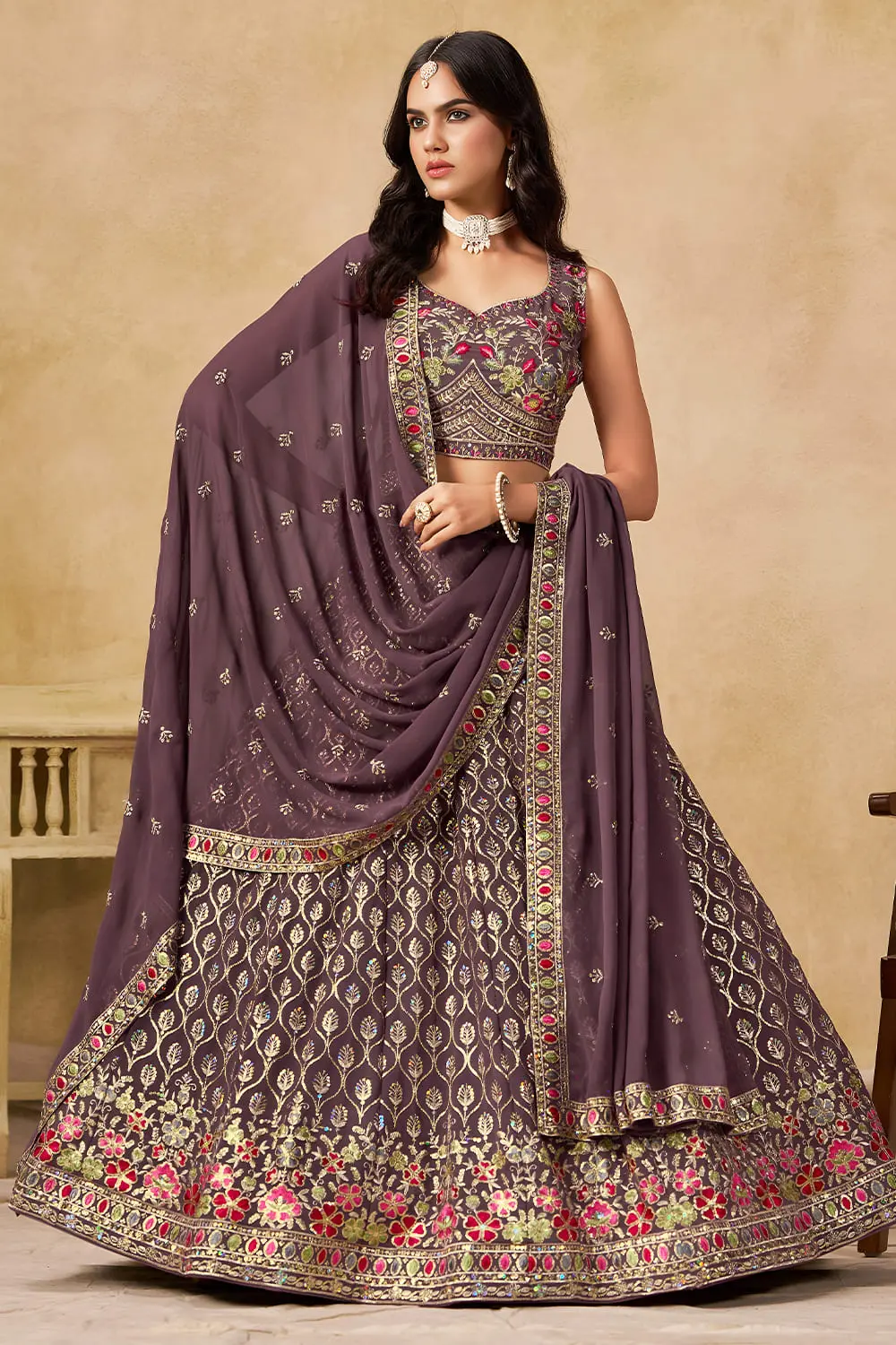 Purple sequin georgette lehenga set with matching dupatta full view