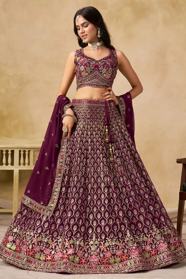 Maroon georgette lehenga for reception with sequins and thread embroidery by Khaish