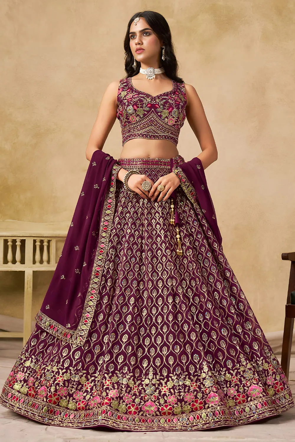 Maroon sequin georgette lehenga set with matching dupatta full view