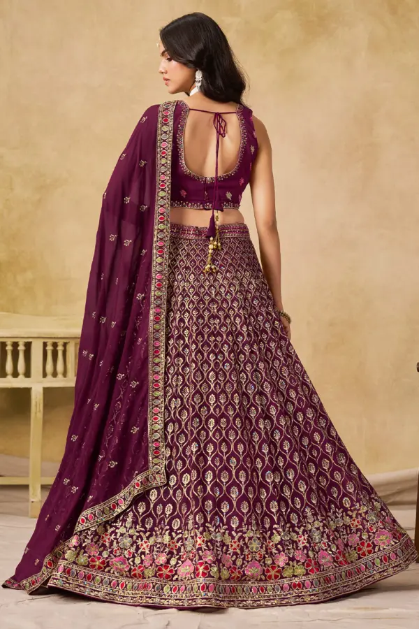 Back view of maroon sequin georgette lehenga set