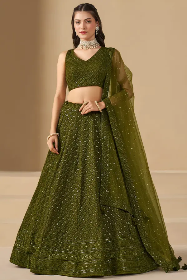 olive green wedding guest lehenga