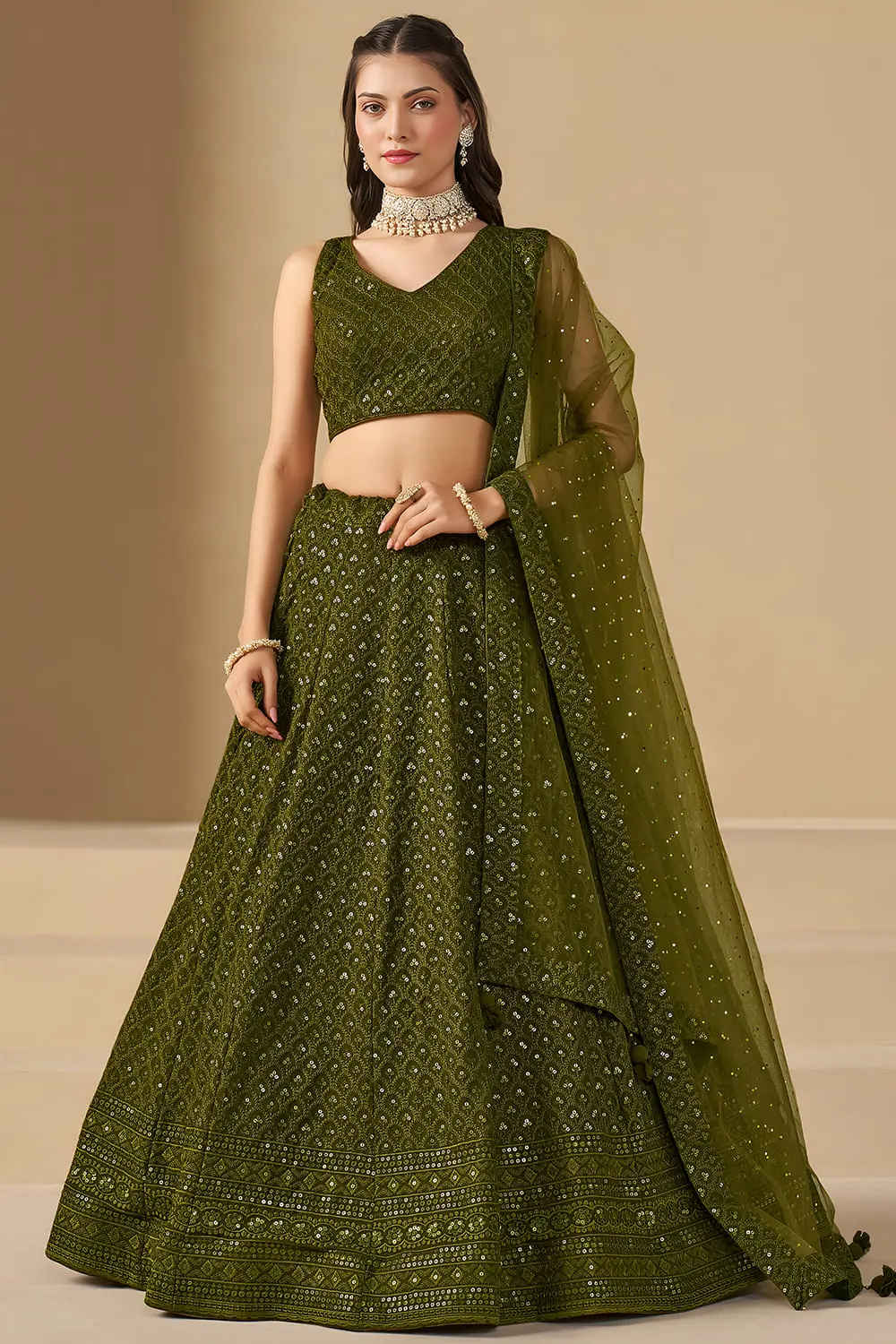 Mesmerizing Olive Green Sequins and Thread Work Georgette Lehenga Mesmerizing Olive Green Sequins and Thread Work Georgette Lehenga