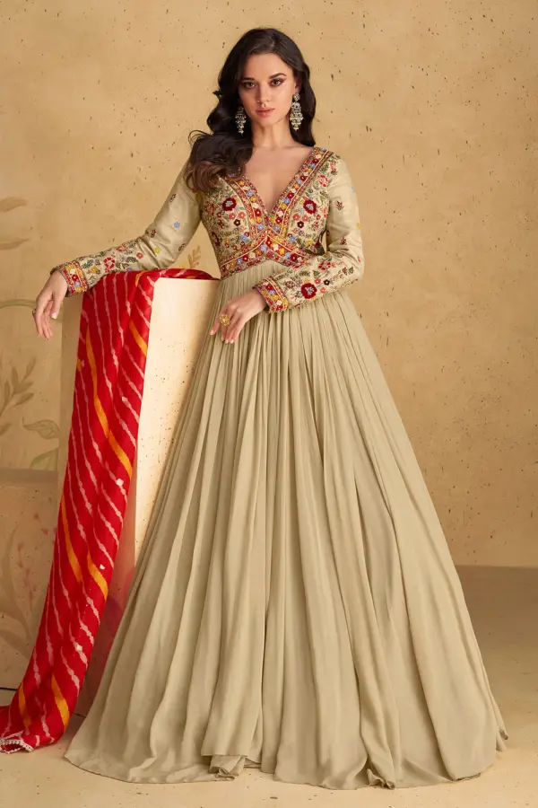 Beige georgette anarkali gown for reception with embroidery by Khaish